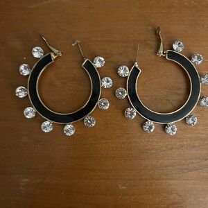 Black enamel crystal hoop earrings NEW
